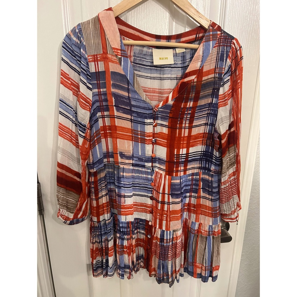 Maeve Anthropologie Plaid Tiered Tunic Top Red Blue Button Front Small